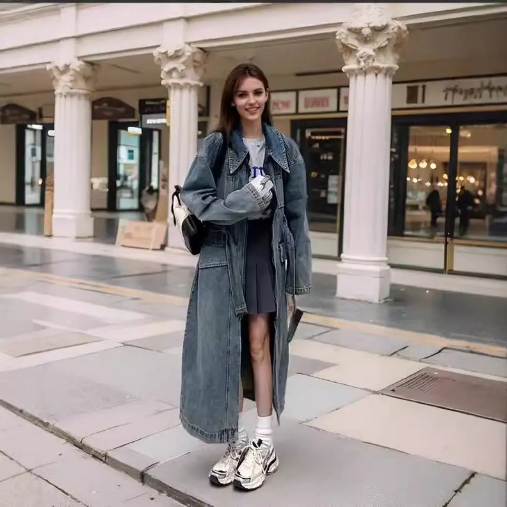 

Женский элитный модный джинсовый плащ, осенний модный облегающий повседневный длинный пиджак