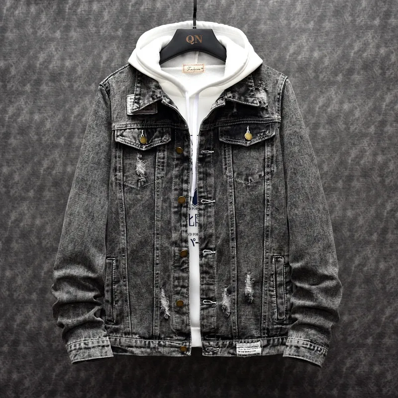 

Cool Men's Denim Jaet Autumn Faion Brand Baseball Sle Ripped Jaet Slim Fit Retro Jaet for Students Cotton Blend