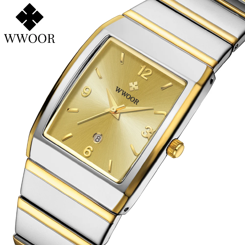 WWOOR Luxury Man\'s Square Watch For Men with Automatic Date Waterproof Stainless Steel Fashion Business Mens Quartz Wristwatches