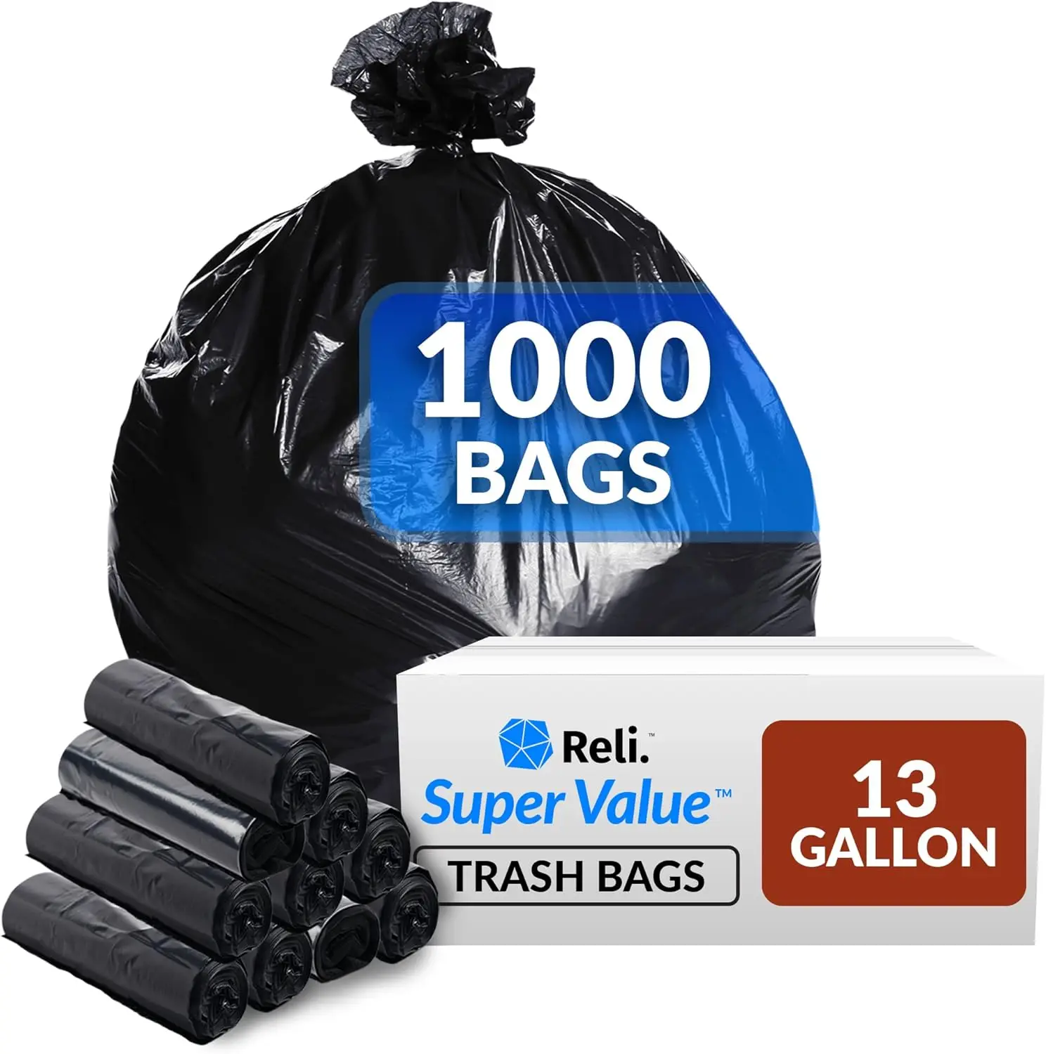 

13 Gallon Trash Bags, 1000 Count, Black, Tall Kitchen Use, Strong & Durable
