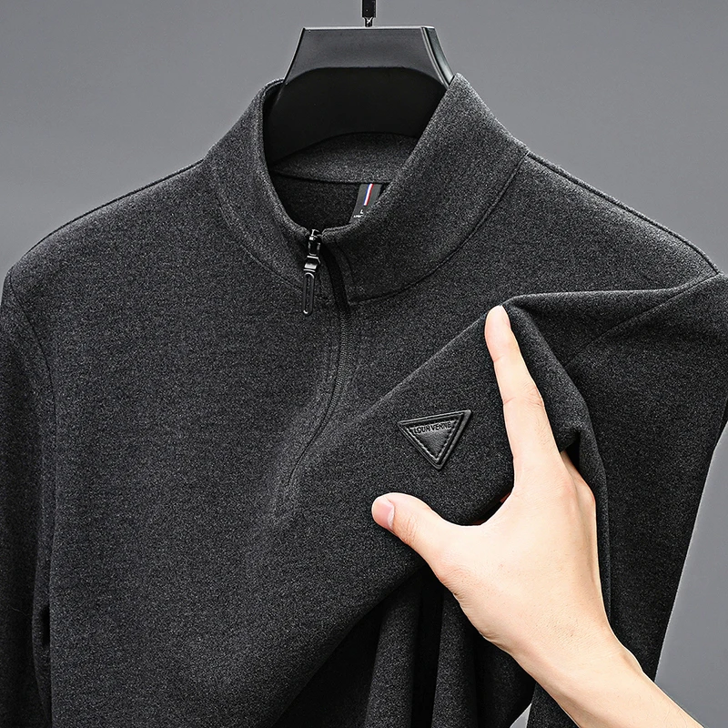 Luxury Man Long Sleeves T-Shirt Half-Zip Round Neck Velvet Fleece Warm Colorfast Pilling-Resistant Sleek Fashion Men's Clothing