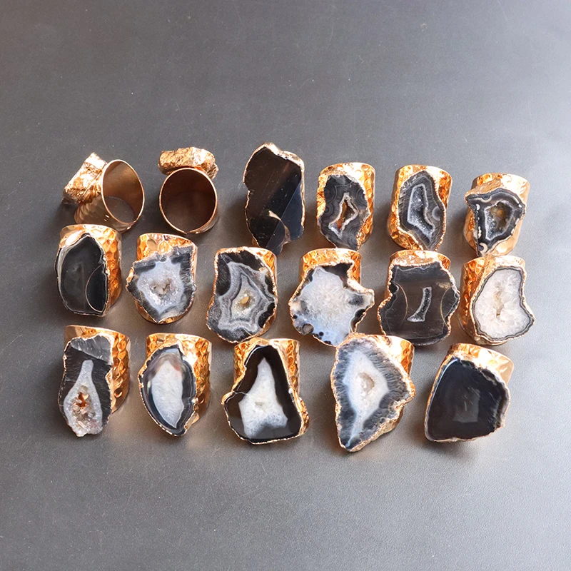 Irregular Geode Stone Agate Slices Open Ring Unisex Black Color Boho Resizable Finger Jewelry
