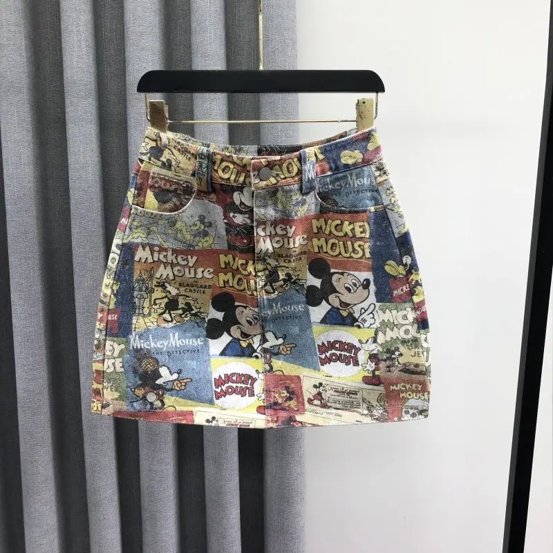 

Women's 2025 Summer Vintage Mickey Mouse Comic Print Denim Mini Skirt High-Waisted A-Line Versatile Casual Bottoms
