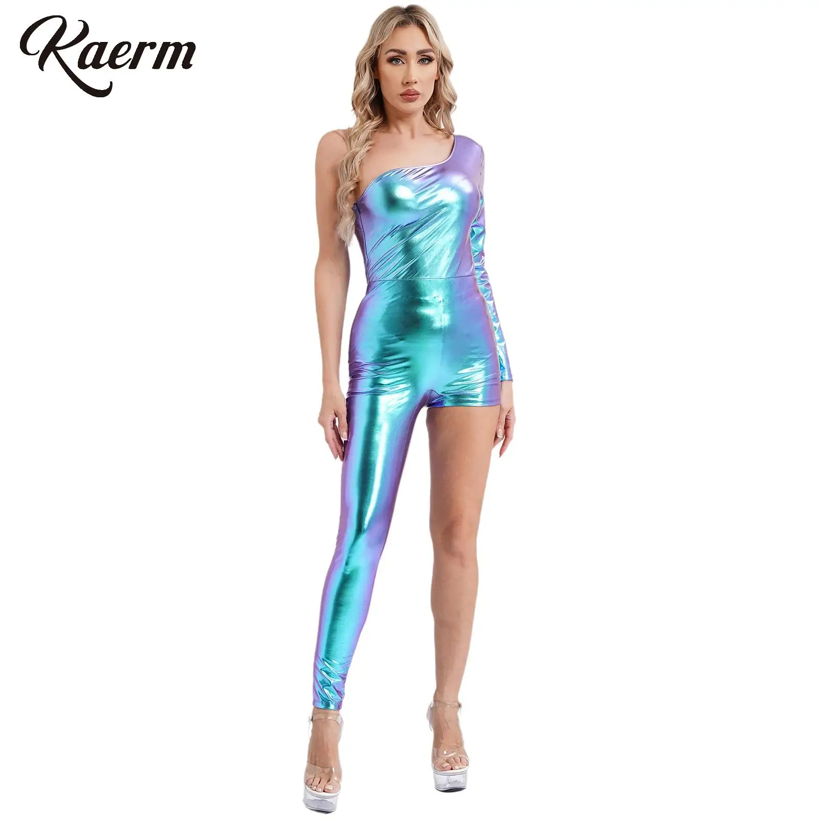 

Women One-piece Jumpsuits Glossy Leather Leotard Metallic Asymmetric One Shoulder Long Sleeve Bodycon Bodysuit for Pole Dance