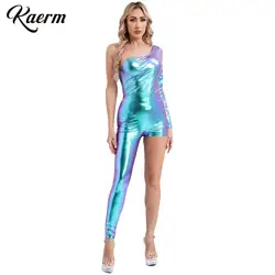 Damen einteilige Overalls glänzender Leder Trikot metallisch asymmetrisch ein Schulter Langarm Bodycon Bodysuit für Pole Dance