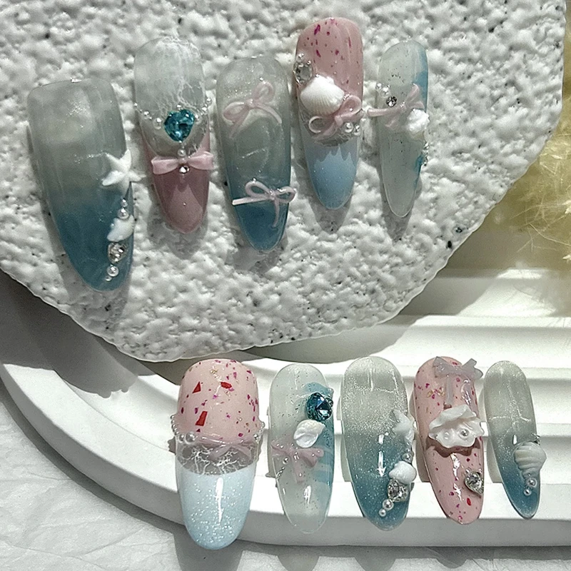10 pezzi estate oceano acqua ondulazione francese fatto a mano stampa sulle unghie rosa blu carino fiocco 3D glitter unghie finte rimovibili riutilizzabili