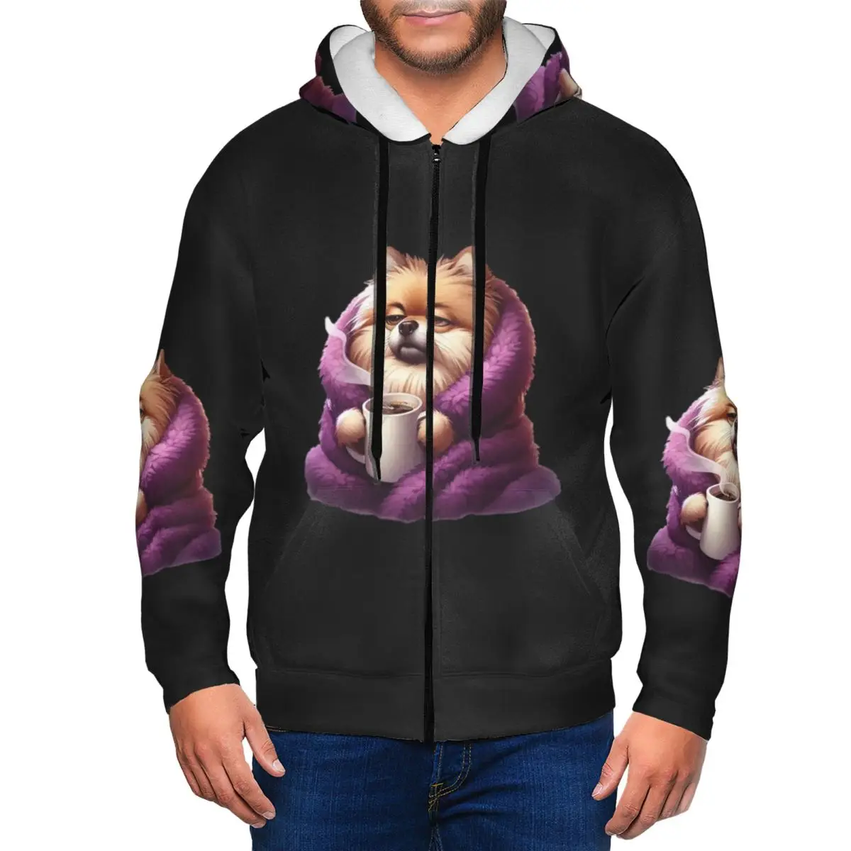 Pomeranian Dog Zipper Hoodie Hip Hop Pullover Autumn Winter Men's Women's Sweatshirt Long Sleeve Tops