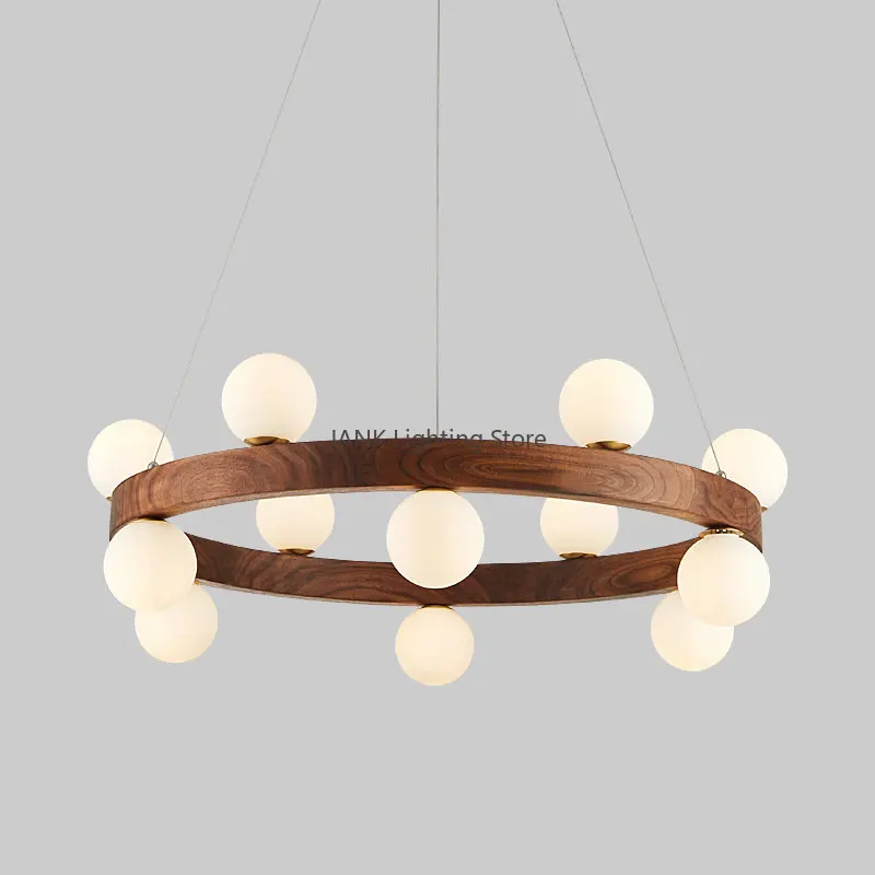 White Glass Ball Walnut Pendant Chandelier Living Dining Room Solid Wood Magic Bean Molecule Indoor Lighting Decor factory outle