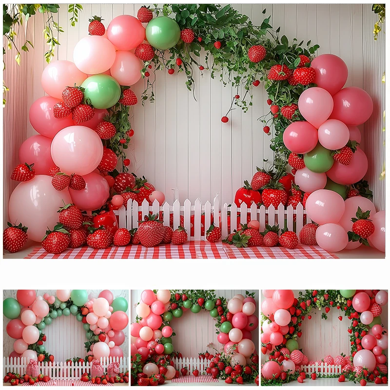 

LS Photography Background Red Strawberry Balloon Arch Room Decoration Backdrop Baby Shower Cake Smash Party Studio Props