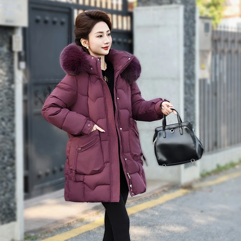 الشتاء Thiened فضفاض المرأة Jaet منتصف العمر أمي القطن معطف Sli منتصف طول سستة إغلاق مقنعين اللون #2