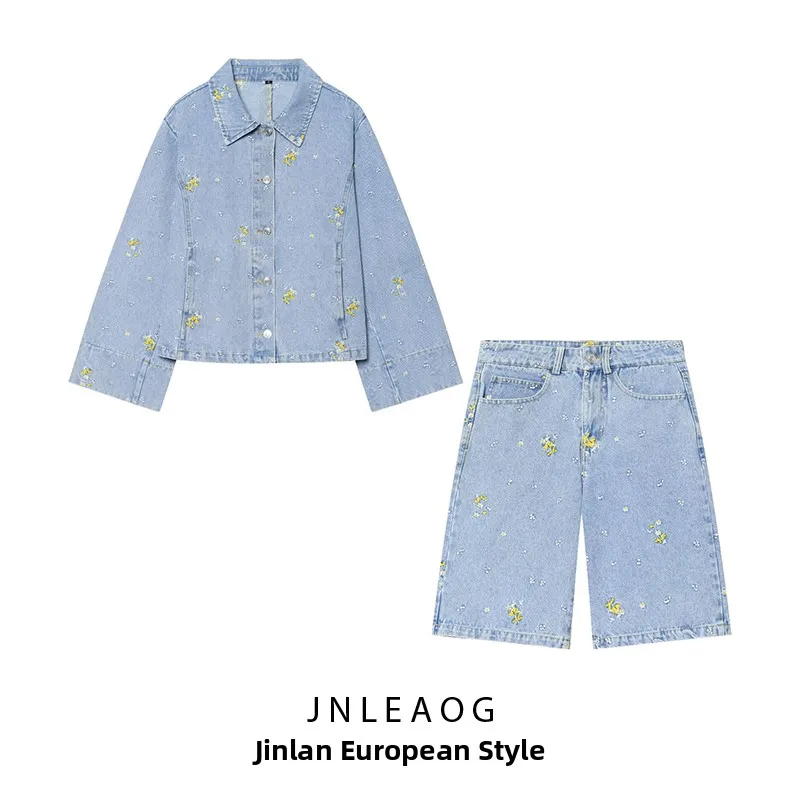 

Spring New Arrival Women's Embroidered Flower Denim Jacket Casual Shorts Set Long Sleeve Leather Jacket Summer Spring Fashion