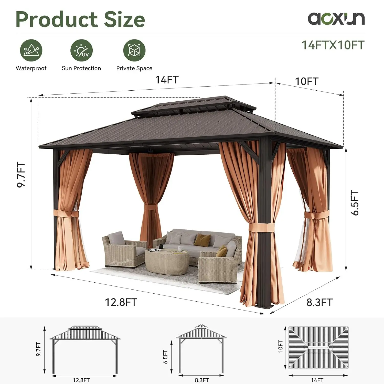 10X14Ft Hardtop Gazebo Metal Gazebo with Galvanized Steel Double Roof, Customized