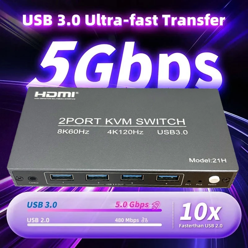 

8K 60Гц 2-портовый KVM-переключатель HDMI2.1 с 4 портами USB3.0, 4K 120Гц 1080p 240Гц HDMI KVM-коммутатор для 2 компьютеров, совместного использования мыши, клавиатуры и монитора