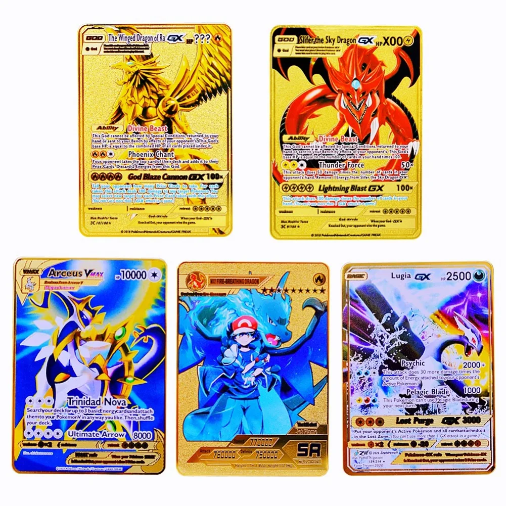 5 uds Pokemon tarjeta de Metal letras de Pokemon Mewtwo Vmax Charizard Vstar Pikachu tarjetas de hierro dorado juegos de Anime juguetes para niños regalos