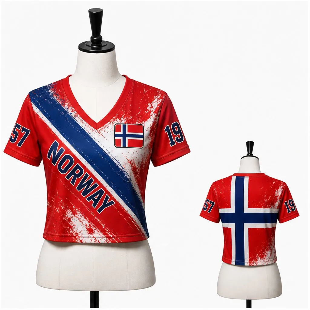 Womens V Neck Cropped Tee Norway Flag Splash Print Short Sleeve Summer Casual Top With Sport Number Back Graphic Travelwear Wear