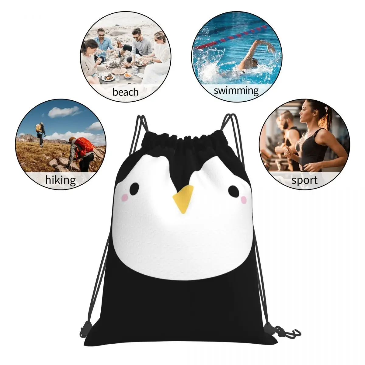 Mochila portátil con cordón para hombre y mujer, bolsa deportiva bonita con diseño de pingüino pequeño para estudiantes