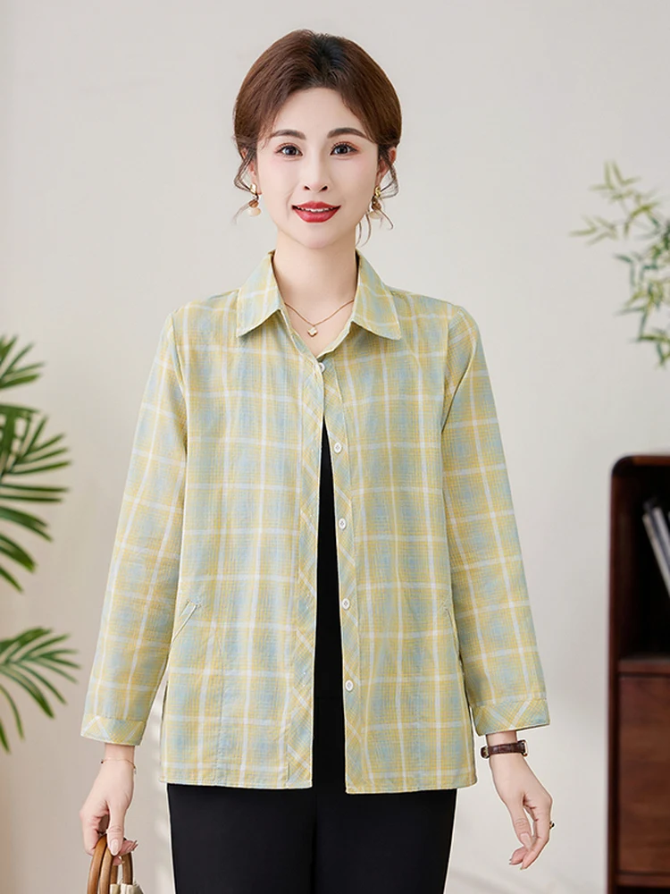

Pure Cotton Plaid Shirt for Middle-Aged And Elderly Women Long Sleeve Casual Turn-down Collar Open Cardigan Spring Autumn Top