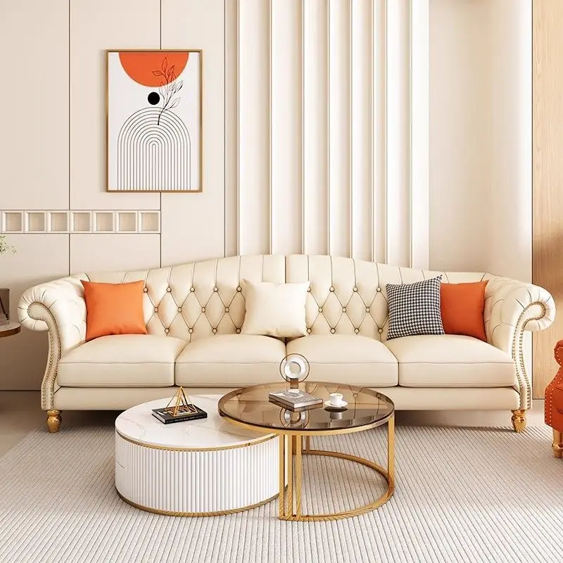 Real cowhide sofa solid wood buckle straight row furniture living room villa size apartment