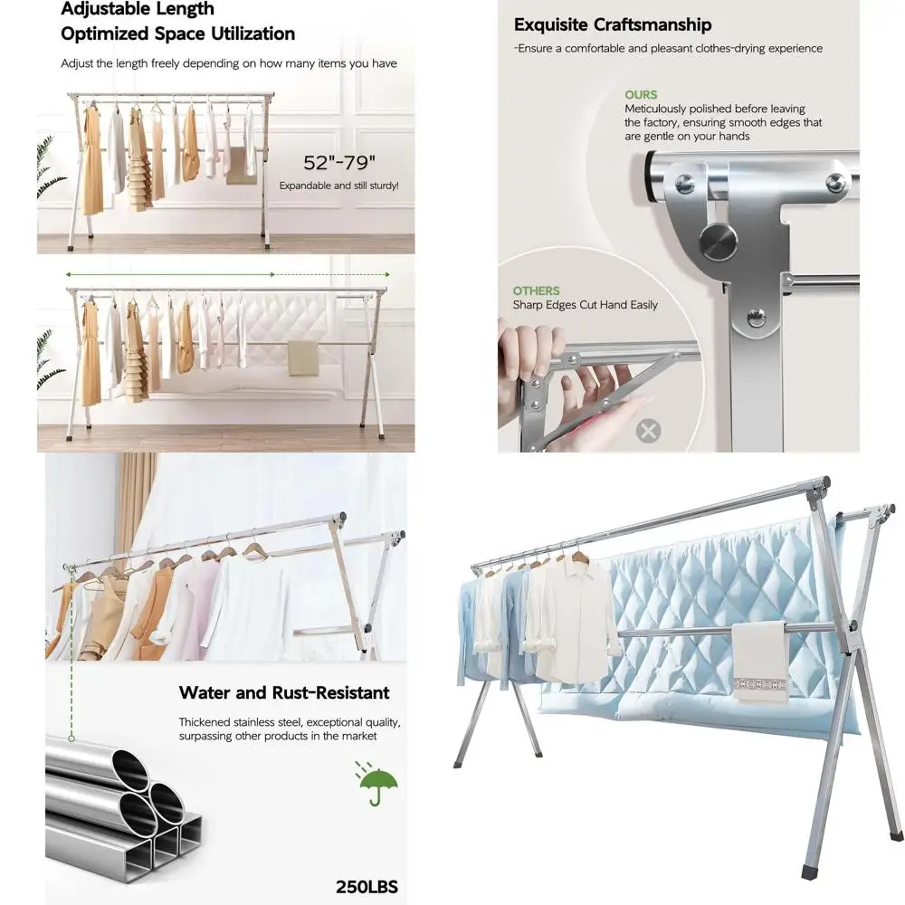 

79 Folding Laundry Drying Rack, Outdoor/Indoor Use, Stainless Steel, 20 Hooks, 12 Clips