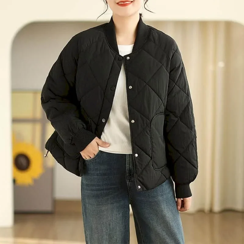 Pop Quilted Coats For Women Solid Lightweight Cotton-padded O-neck Jackets Long Sleeve Casual Single Breasted Thick Women Clothi