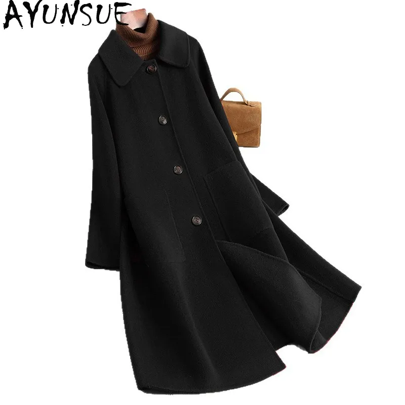 

AYUNSUE 100% Wool Long Coat Women Double-sided Woolen Coat 2025 Autumn Clothes Merino Wool Elegant Coats Woman Пальто Женское