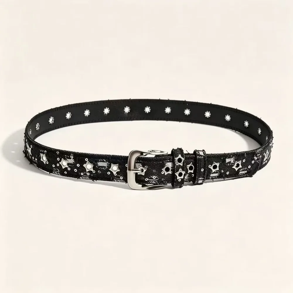 Versatile Pin Buckle Canvas Denim Waist Belt Adjustable Sequins Decoration Cowgirl Belt All-match Fashion Belt Daily Outfit
