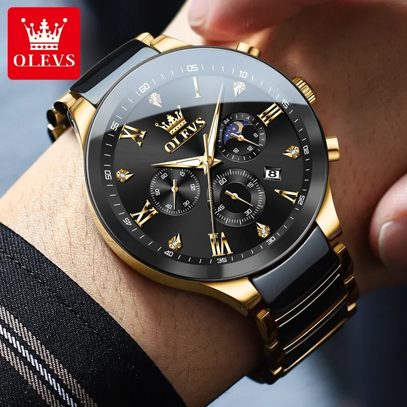 OLEVS Original Quartz Watch for men Luxury Ceramic Strap Men\'s Watches Moon Phase Waterproof Luminous Wristwatch Reloj de Hombre