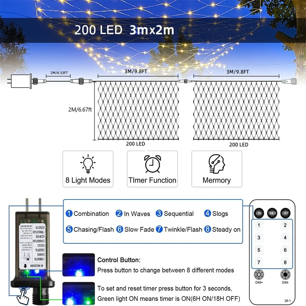 Luces LED de malla para decoración de jardín, transformador con enchufe europeo de 24V, 3m x 2m, para boda, Navidad, patio, 4 colores, 200led