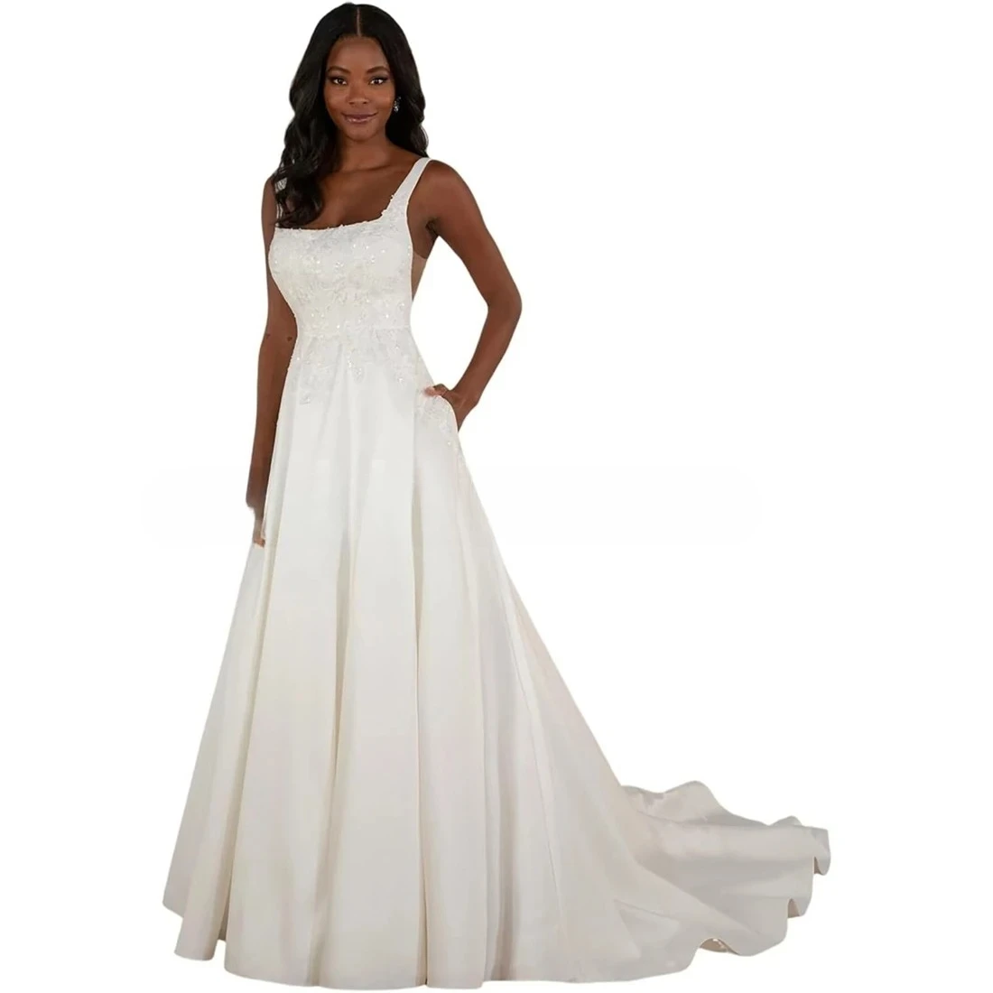 신부를 위한 새틴 웨딩 드레스 아플리케 A라인 스퀘어 넥 섹시한 백리스 브라이덜 가운 트레인 포함 맞춤 제작