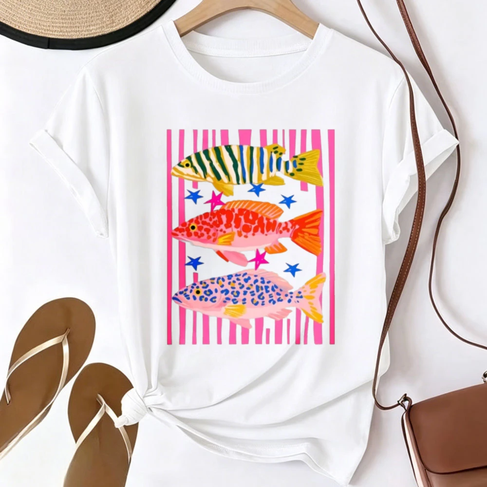 Colorful Tropical Fish Graphic T Shirt Bright Striped Background Star Decor Sea Creature Art Print Casual Short Sleeve Tee Tops