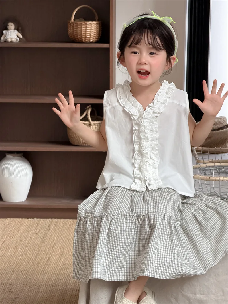 2026 New Summer Baby Girls Plaid Shirts Ruched Sleeveless Tops Korean Style Toddlers Kids Chic Blouses  1-6 Years view 5