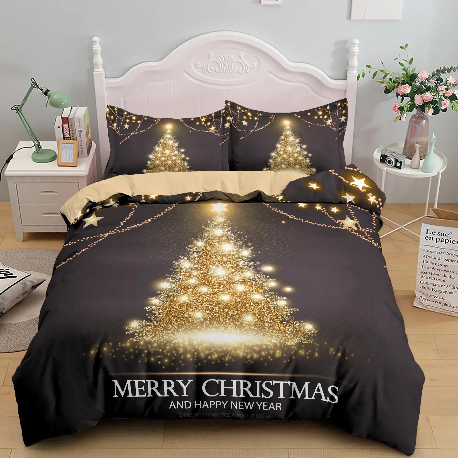 Christmas Tree Duvet Cover Set King/Queen Size,golden Glowing Stars Tree Comforter Cover for Teens Adult,black Soft Quilt Cover