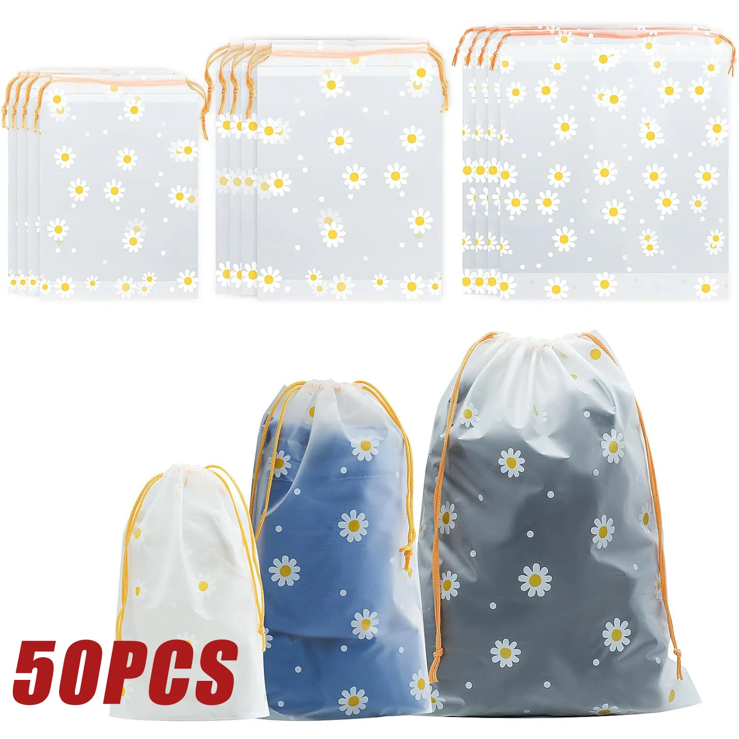 

50PCS Drawstring Waterproof Clothes Shoes Storage Bags EVA Daisy Pattern Packaging Organizer Waterproof Makeup Toiletry Bags