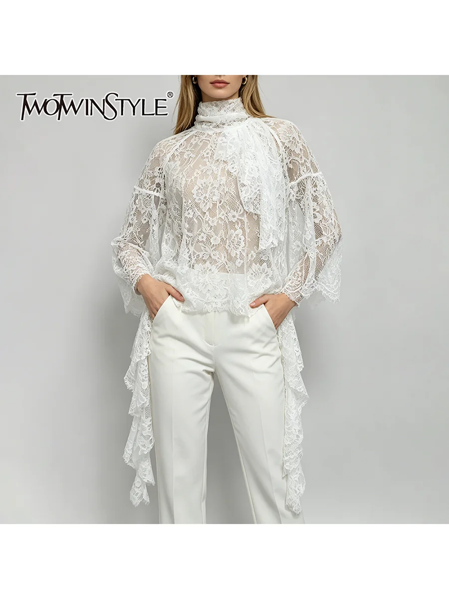 

TWOTWINSTYLE Sexy Solid Lace Shirts for Women Stand Collar Long Sleeve Loose Hollow Out Lace Up Casual Blouse Female Fashion New