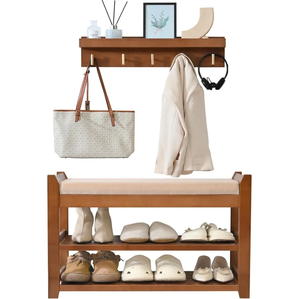 

Shoe Rack for Front Door Entrance, 28” Entryway Bench with Coat Rack, Hall Tree Shoe Bench with Storage