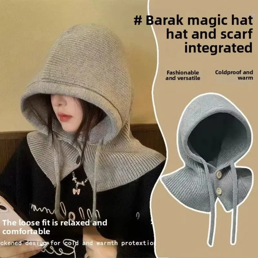 Neues warmes Strickschal- und Mützen-Set, winddicht, thermisch integrierter Schal, Kordelzug, Wintermütze