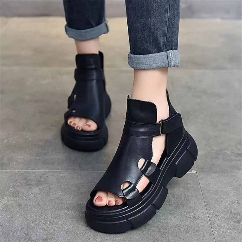 PU Leather Retro Shoes Women Sandals New Ankle Boots Summer Handmade Hollow-out Lace-up Casual Platform Comfortable Sandals