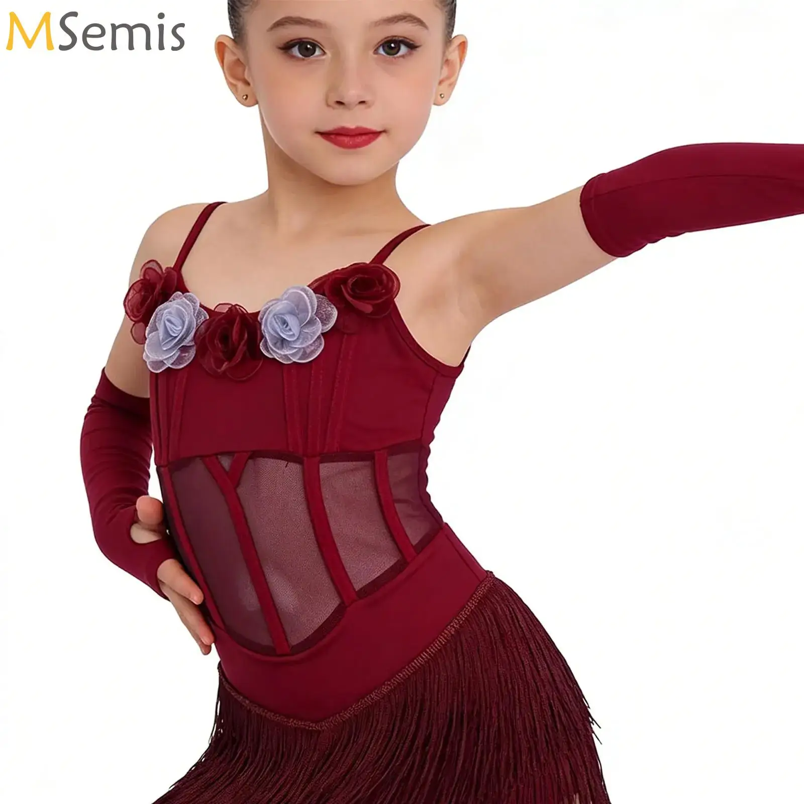 

Children's Latin Dance Performance Costume Kids Girls Chacha Rumba Tango Ballroom Practice 3d Flowers Tassels Dress with Gloves