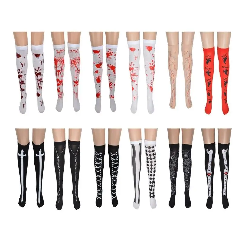 

Halloween Blood Print Stockings Skull Skeleton Printed Over Knee Bottoming Socks Adult Costume Party Cosplay Accessories