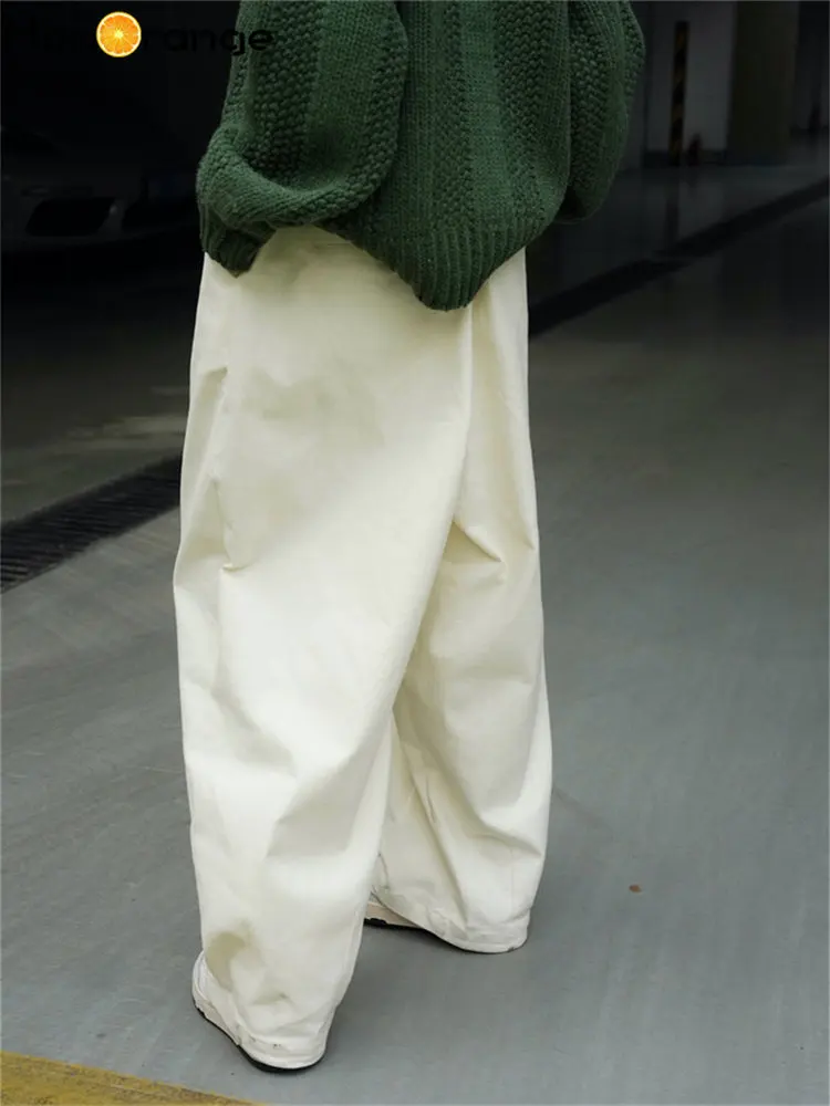 HanOrange 2024 Winter Vintage Thick Wide Leg Pants Women Elastic High Waist Silhouette Warm Female Trousers White/Khaki