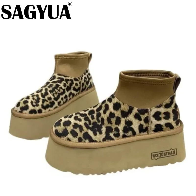 Leopard Women Fur Platform Snow Ankle Boots Winter Suede Warm Shoes Women Brand 2024 Trend Plush Flats Cotton Casual Botas Mujer