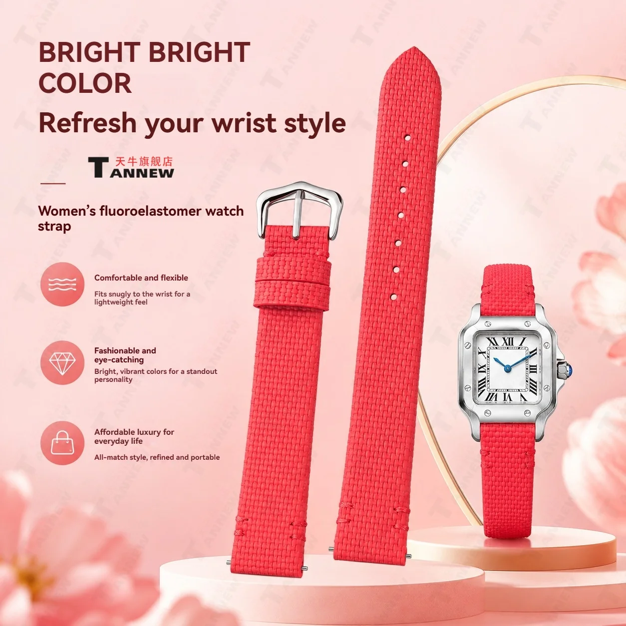 For Cartier Santos W2SA0033, 16mm Fluoroelastomer Strap, Fashion Women's Waterproof FKM Rubber Watch Band Replacement