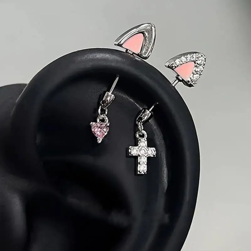 1Pcs Cat's Ear Shaped Flash Zircon Heart Cross Pendant Ear Bone Nail Earring For Women Trendy Body Piercing Accessories