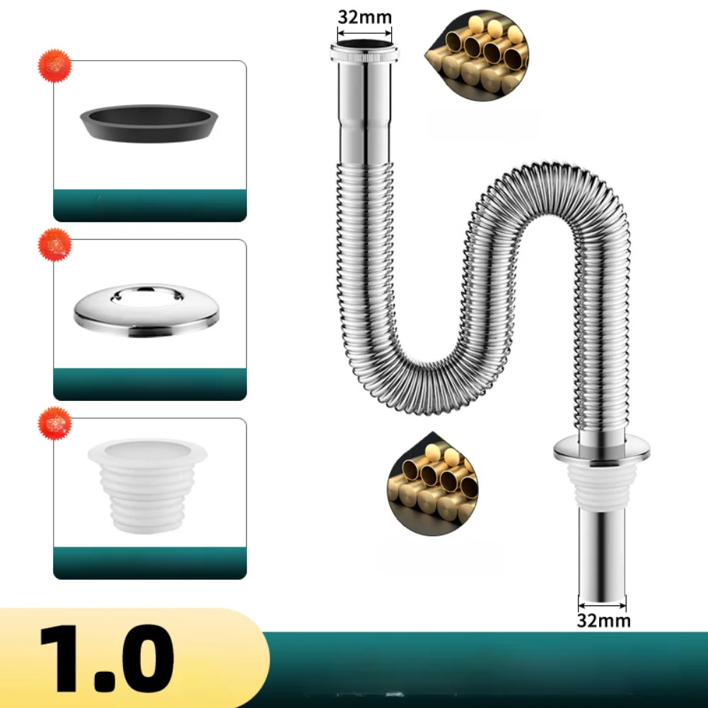1 Meter Corrugated Copper Drain Pipe with 32mm Connector for Bathroom Sink Brass Construction to Prevent Clogs