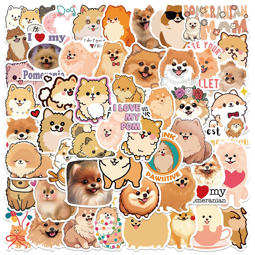 Conjunto de 50 adesivos bonitos com cachorro pomeranian, adesivos dos desenhos animados, estética, para telefone, notebook, skate, mala, guitarra, à prova d'água