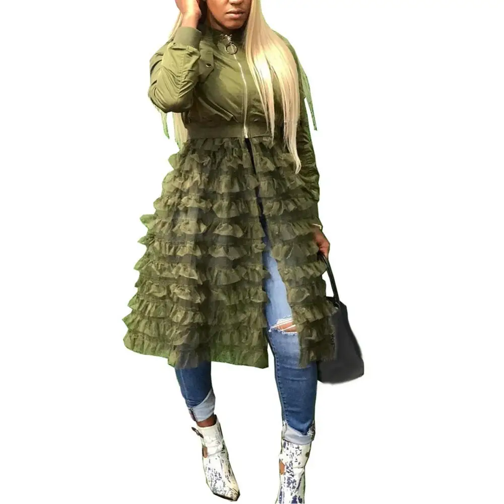 Elegant Lacework Mesh Midi Dress Coat Vintge Mesh Flower Edge Trench Coat Lace Skirt Mid Length Jacket Women Windbreaker