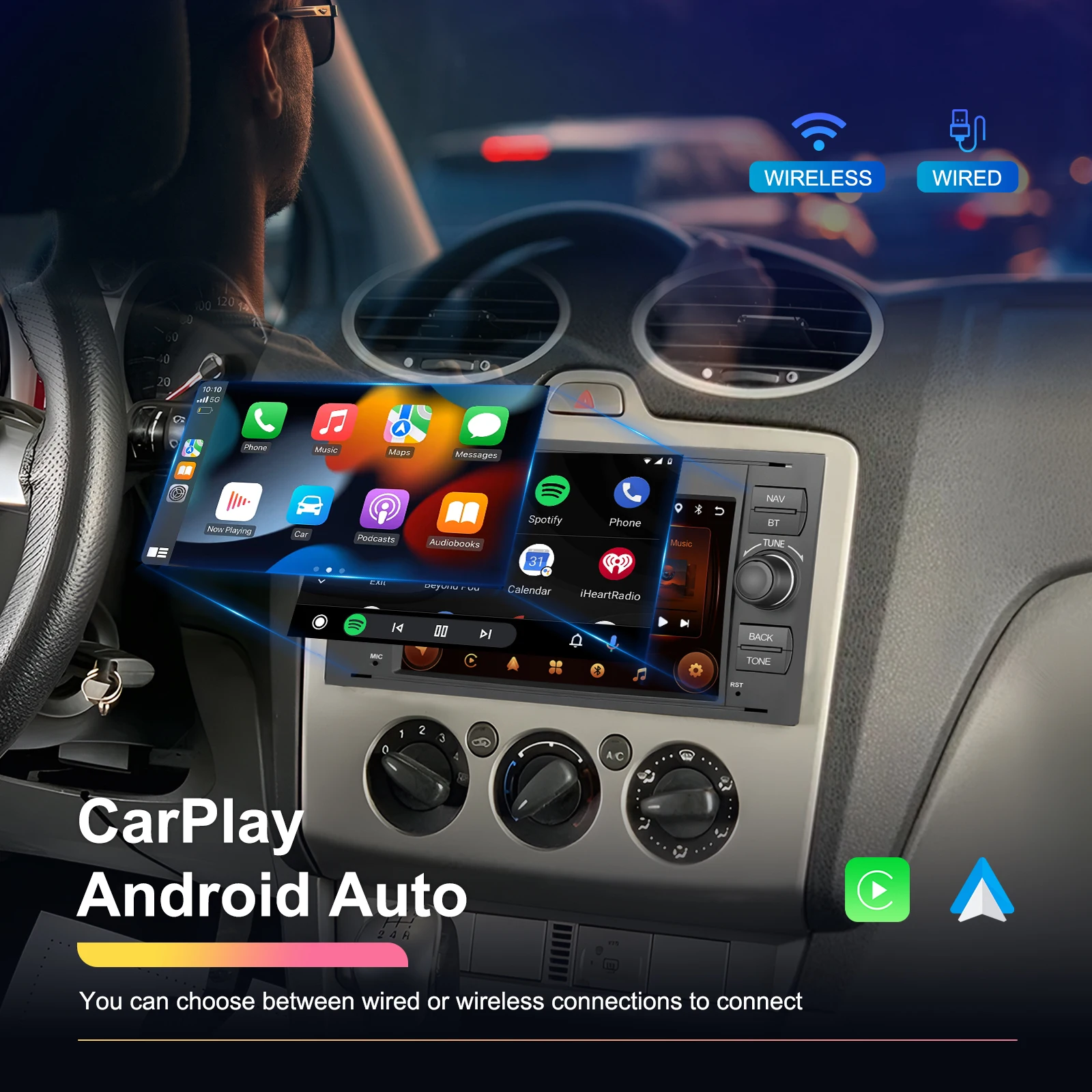 Podofo 7” Car Radio For Ford Focus Fiesta Galaxy Mondeo Fusion Kuga C-Max S-Max Android GPS Navigation WIFI Carplay Auto Stereo