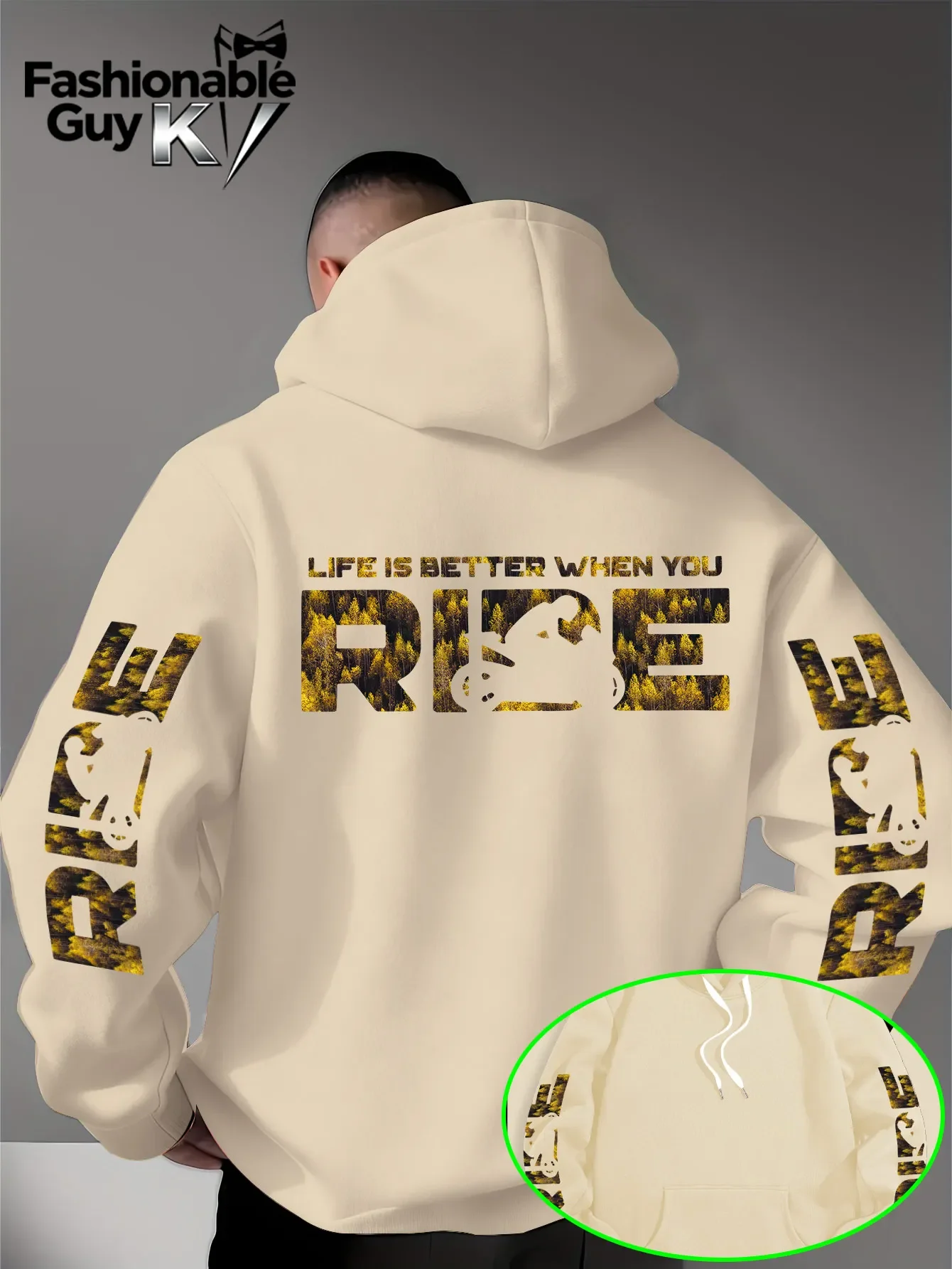 Men Biker Hoodie Life Is Better When You Ride Forest Print Korean Popular Loose Fit Winter Fleece