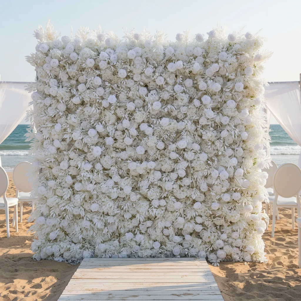 Artificial flower wall, custom white roll-up flower wall panels, silk rose wall background, for wedding decoration
