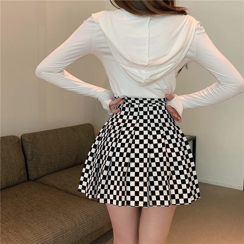 KUSAHIKI Black White Plaid Pleated Skirt Women Korea High Waist Causal A-line Autumn Fashion Faldas Mujer Moda 2023 6V299